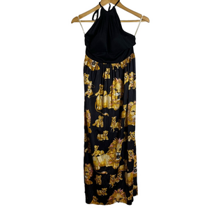Vintage 70s Black Gold Lion Animal Print Halter Maxi Dress Boho Festival Retro